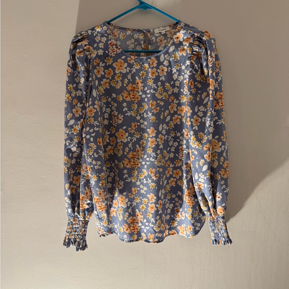 Pleione Blue Floral Blouse with Orange and White Accents
